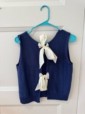 Navy Knit Sleeveless Cardigan with Ivory Bow Ties
